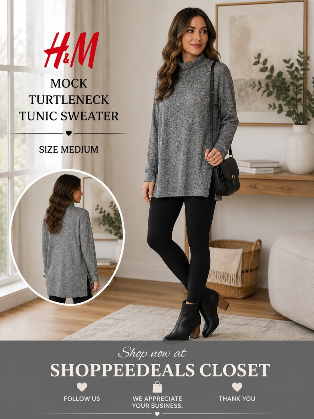 H&M Mock Turtleneck Lightweight Tunic Sweater – Gray – Size Medium